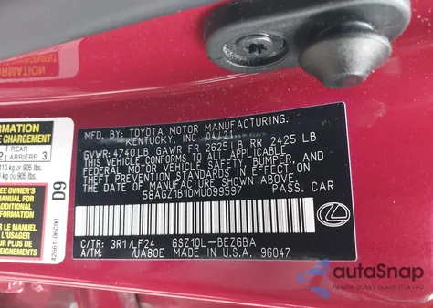 2021 Lexus Es 350 F Sport from USA, damaged, VIN 58AGZ1B10MU099597